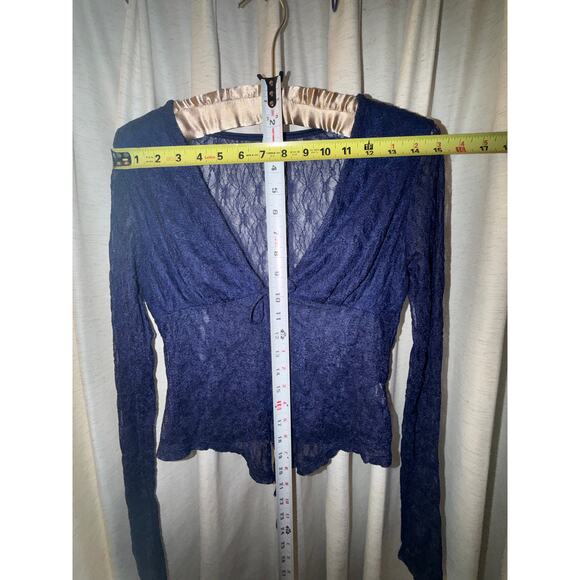 y2k Grunge Sheer Lace Tie Top Blue Violet Navy Long Sleeve Mesh 90s 00s Goth M L - Picture 7 of 10